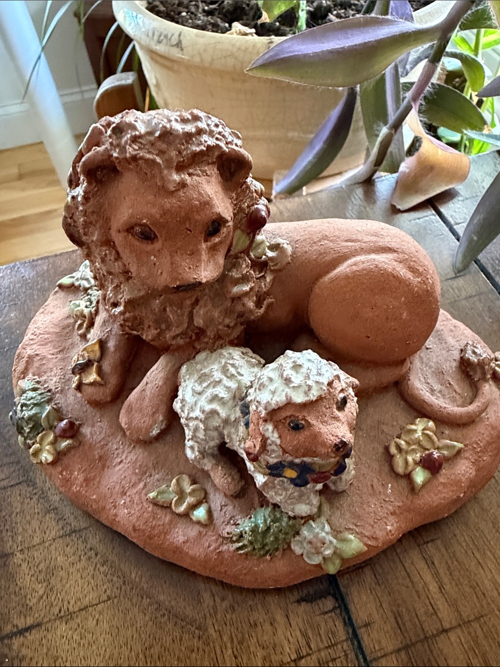 Terracotta Lion and Lamb Figurine - Rustic Home Art